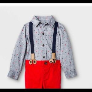 Toddler boys Valentine’s shirt and suspenders.
